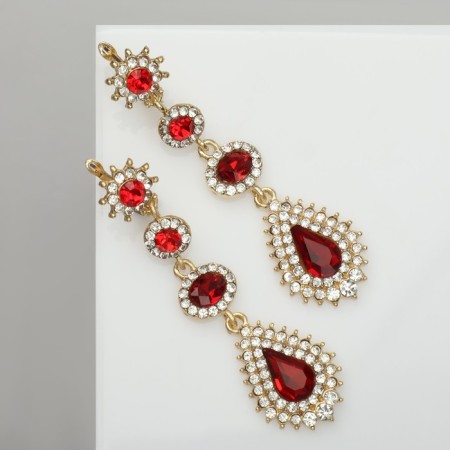 Hanging earrings with “evening” rhinestones, white-red color in gold, 7 cm-1