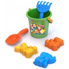 Set for playing in sand No. 91: 3 molds, bucket, rake, scoop
