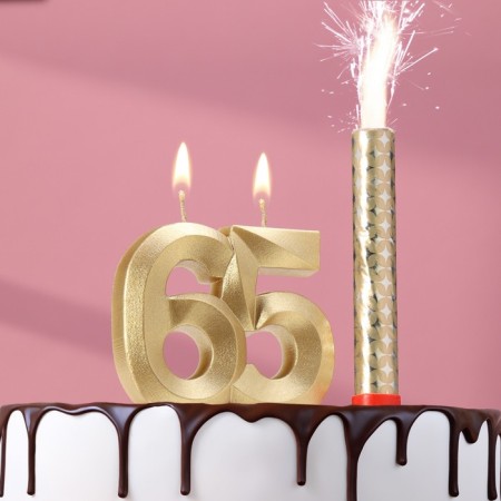 Candle in the cake jubilee "Face + Fountain", number 65, gold metallic, 6.5 cm