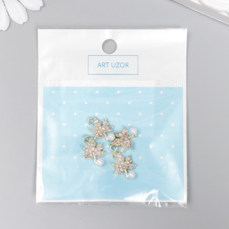 Decor for creativity metal, rhinestones "Maple leaflet with pearl" 1.7x1.3 cm-3