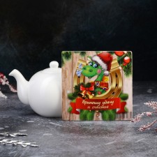 The stand for the hot shares “I am bringing good luck and happiness”, a symbol of 2024, a wooden