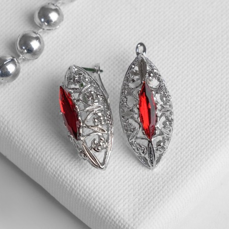 Earrings with rhinestones "Edel" Ellipse openwork, red color in silver-1