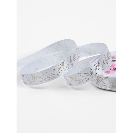 Satin tape 15mm*25 ± 1 yard (23m ± 1m) leaves white No. 01 embossing gold au