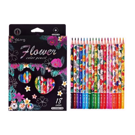 Pencils 18 flowers in a cardboard box, hexagonal, wooden, flowers on a black mix