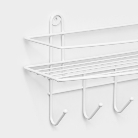 Bathroom shelf, 5 hooks, 34 × 11.5 × 17 cm, white color-1