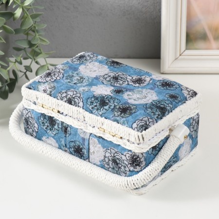 Casket for needlework "Black and white flowers on blue" 18x12x9.5 cm-3
