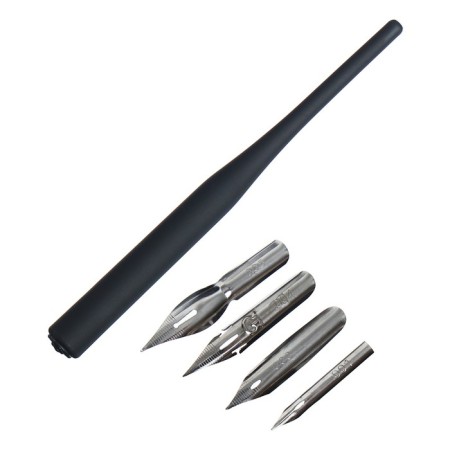 A set of feathers of pointed 4 pieces: No.: 001, 003, 004, 005 + plastic holder, "classic" Devente. Art