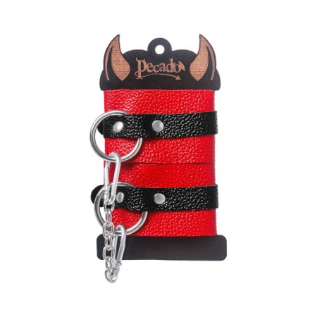 Handcuffs Pecado BDSM, soft with one strap with eyelets, genuine leather, red-black 932433-5