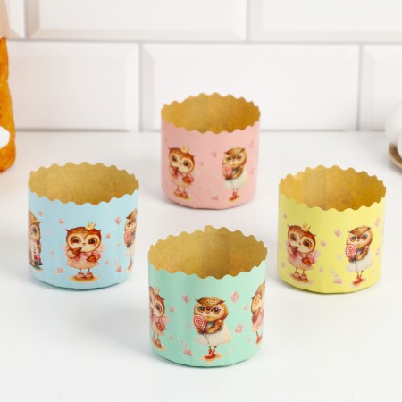 Paper form for cupcake, muffins and kulich "owls" 70x60 mm, mix-3