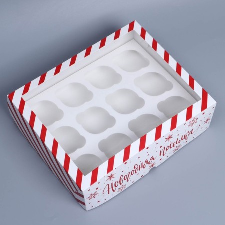 Folding box for 12 cupcakes with the New Year Parcon window, 32.8 x 25.6 x 10 cm, New Year-2