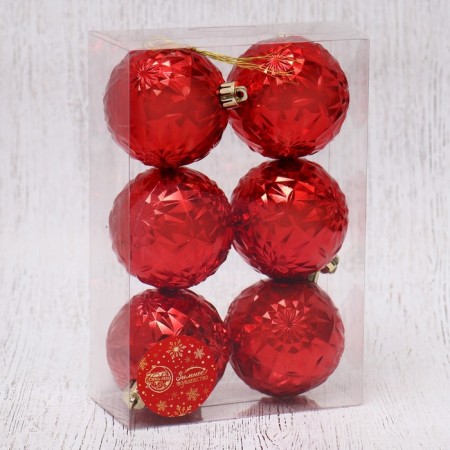 Christmas tree toys, New Year's balls, plastic, D-7 cm set, 6 pcs "Kaleidoscope" Red-1