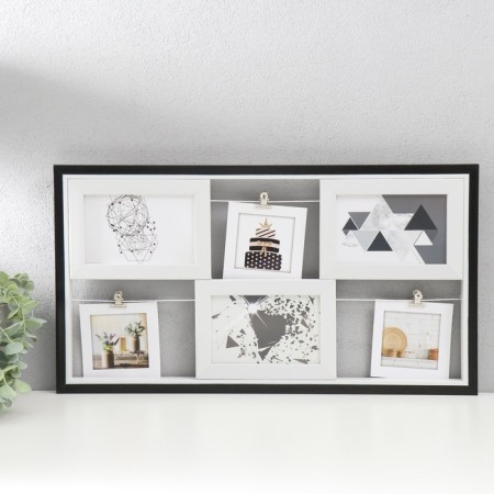 Photo frame plastic in 6 photos "Warm memories" with clothespins, black and white 53x30 cm