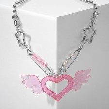 A decorative -based pendant -basis “heart” with wings, pink color in silver, 34 cm