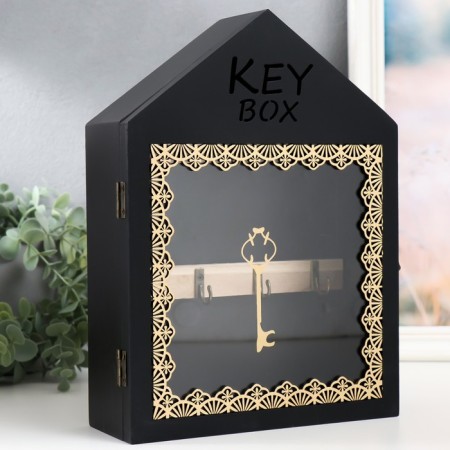 Klyuchnitsa tree 7 hooks "House. Patterns. Key" Black with gold 22x8x30 cm-1