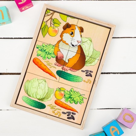 Puzzles "Follow the picture. Who eats what? Pets »Wooden toys