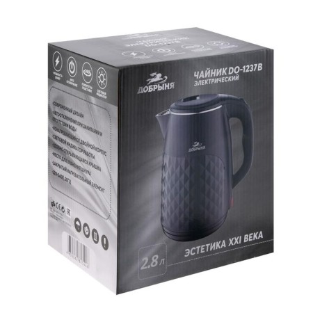 Electric kettle "Dobrynya" DO-1237B, plastic, KOBE Metal, 2.8 L, 2200 W, Black-7