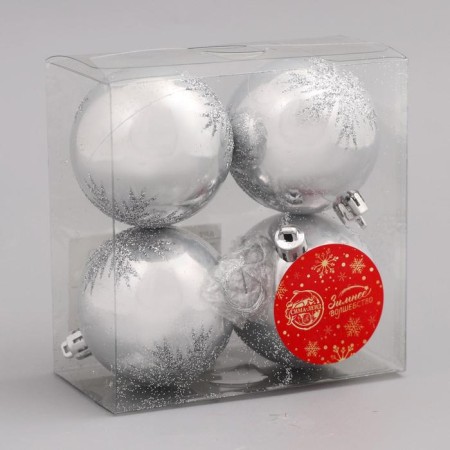 Set of balls plastic D-6 cm, 4 pcs "Frosty snowflakes" silver-1