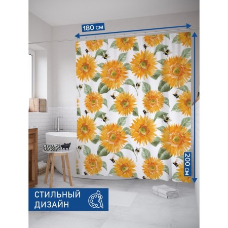 Photostore for the bathroom "Sunflower and bumblebee", Saten, size 180x200 cm-1
