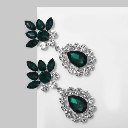 Earrings with rhinestones "Eden" drops, emerald white color in silver-1
