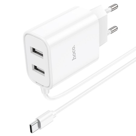 Network charger HOCO C103A, 2 USB, 2.1 A, built-in Type-C, 1 m, white cable.-2