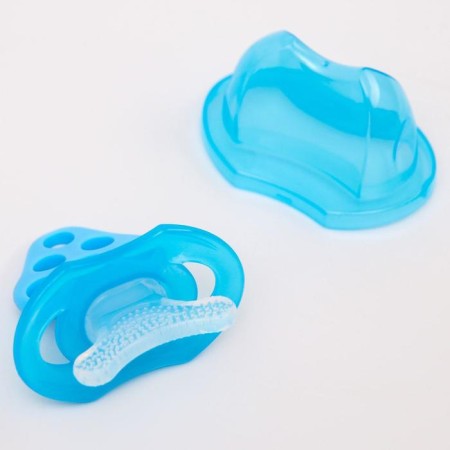 Silicone teether "for the front teeth", blue, with a cap of crumb I-12