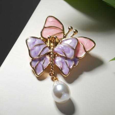 Brooch "Butterflies" steam, lilac-pink color in gold
