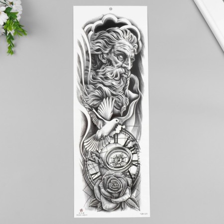 Tattoo on the body black "Zeus and mechanical watches" 48x17 cm