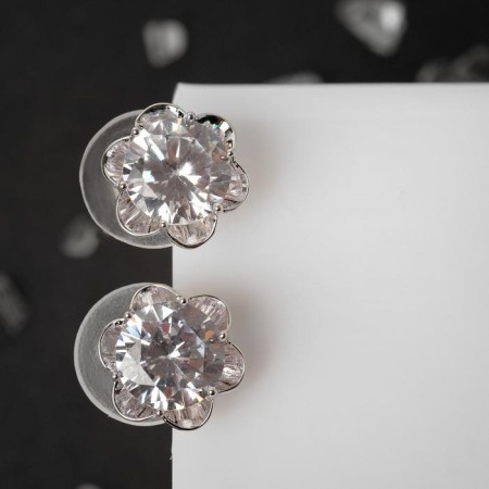 Earrings with rhinestones "Flower" mini, white color in silver
