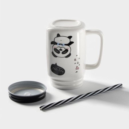 Ceramic mug with a metal lid and panda tube, 420 ml, MIX drawing-2