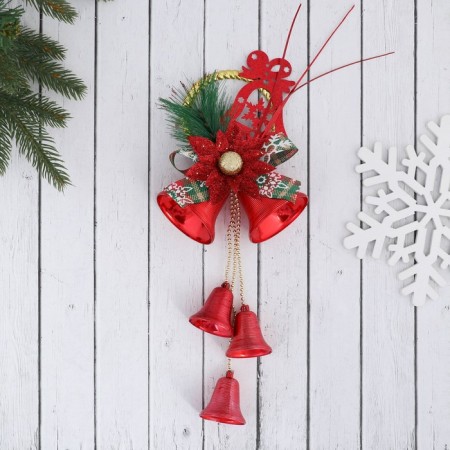 Decoration New Year's "Bells on a suspension with a flower and a twig" 12x30 cm, red