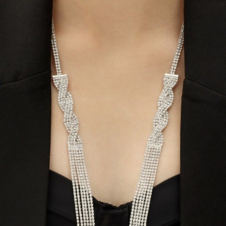 Set 2 objects: earrings, necklace "ice" pigtail, 80cm, white color in silver, 80cm-4