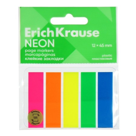 Bookmarks with adhesive edge plastic 12x45 mm, Erichkrause "Neon", 125 sheets 5 colors-1