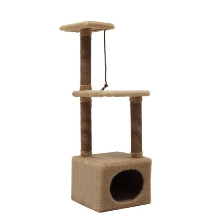 House for cats with two shelves, oval entrance, jute, 37 x 37 x 111 cm, beige