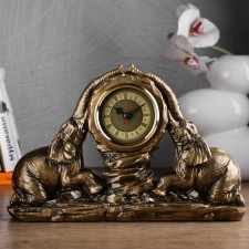 Two elephant watch clock, 30 x 20 x 7 cm, d-6.5 cm, gold