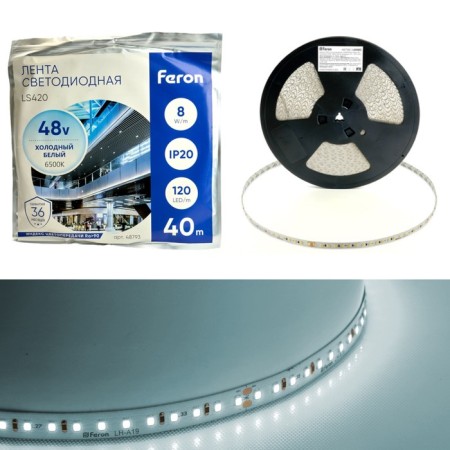Feron 40 m, IP20, SMD2835, 120 LED/m, 8 W/M, 48 V, Cold white glow, SMD2835