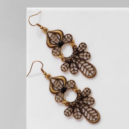 Earrings "openwork" leaves, black color in black gold, 7.5 cm-1