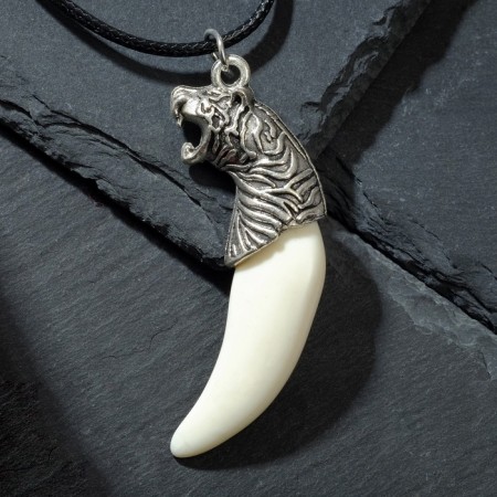 Unisex pendant "Tiger Fang", white color in black silver on a black lace, 40 cm-5