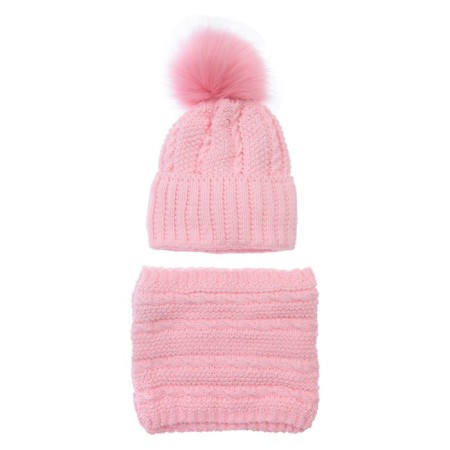 Children's Knitted kit for girls: hat and snood, size 46, light pink color