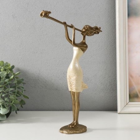 Polystone souvenir "Girl plays on the pipe, with a bird" Sand with bronze 19x6.5x27.5 cm-1