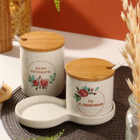 A set of storage cans from ceramics “cook with love”, 400 ml, 250 ml, 2 pcs, white color-1