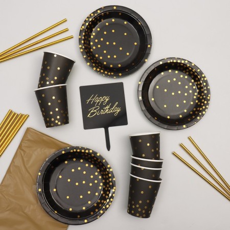 Set of dishes "Happy Birthday", confetti, black and gold