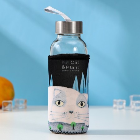 A glass bottle in a Cunning cat case, 300 ml, h = 17 cm, MIX drawing