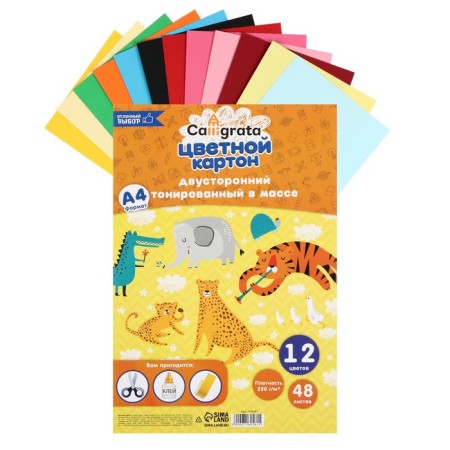 Cardboard of color two -way A4, tinted in the mass, 48 ​​sheets, 12 colors, 220 g/m2