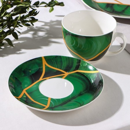 Tea steam porcelain shares "Malachite box", 2 items: a cup 250 ml, a saucer d = 15 cm, green color-1
