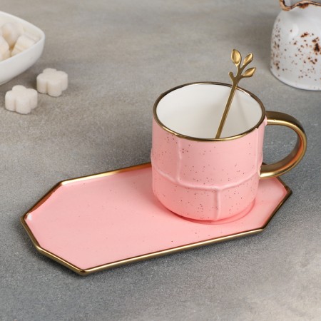 Tea couple ceramic with a spoon "Spring", 2 items: mug 300 ml, saucer, pink color