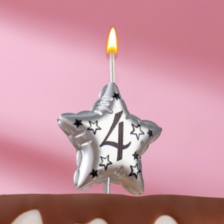 Candle in the cake on the skewer "Air star", number 4, 3.5 cm, silver