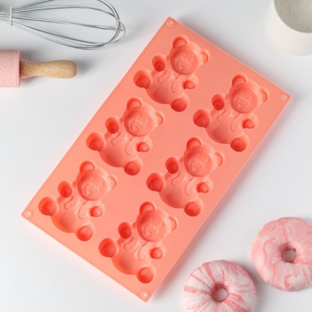 The form for baking the share "Animals. Bear ”, silicone, 28.5 × 17 cm, 6 cells (8.5 × 7 cm), orange color-1