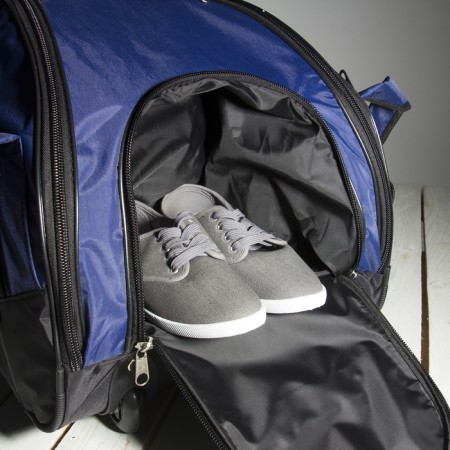 Road bag on wheels, a lightning department, shoes, 3 outer pockets, long belt, black/blue color-4