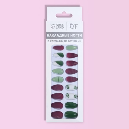 Follow nails, 24 pcs, with glue plates, almond shape, matte burgundy/green/white color-7