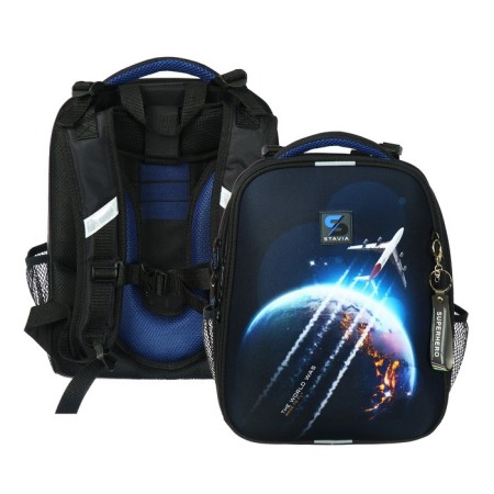 School backpack 38 x 30 x 16 cm, ergonomic back, Stavia "Space", black/blue